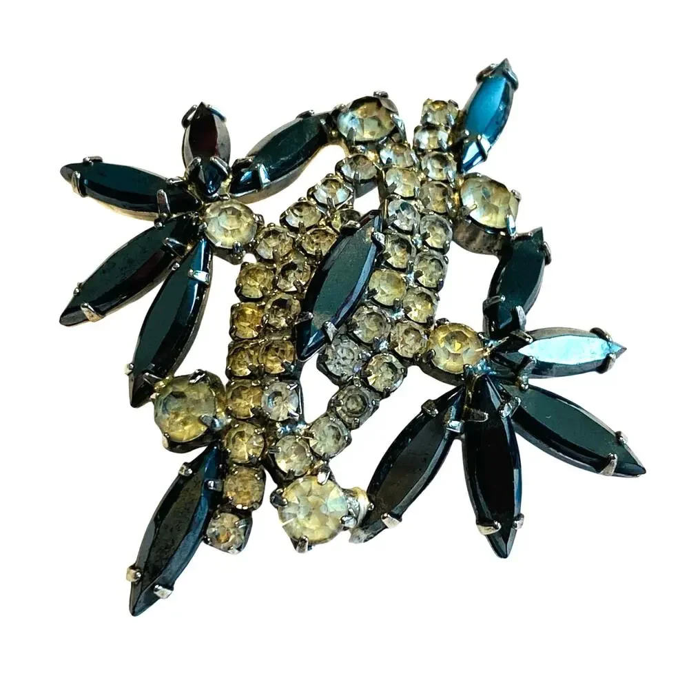 Vintage Mid Century Rhinestone Brooch Gray & Clear White Elegant Statement Pin